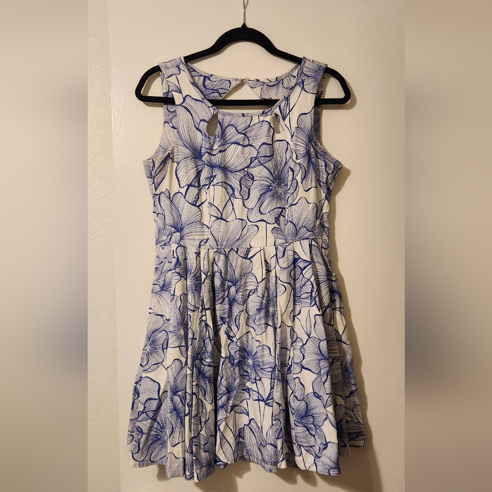 Danny & Nicole Blue and White Floral Fit-and-Flare Dress